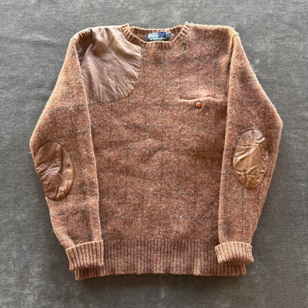 Vintage Polo Ralph Lauren Wool Sweater Leather Elbow Patches Brown Plaid Mens L